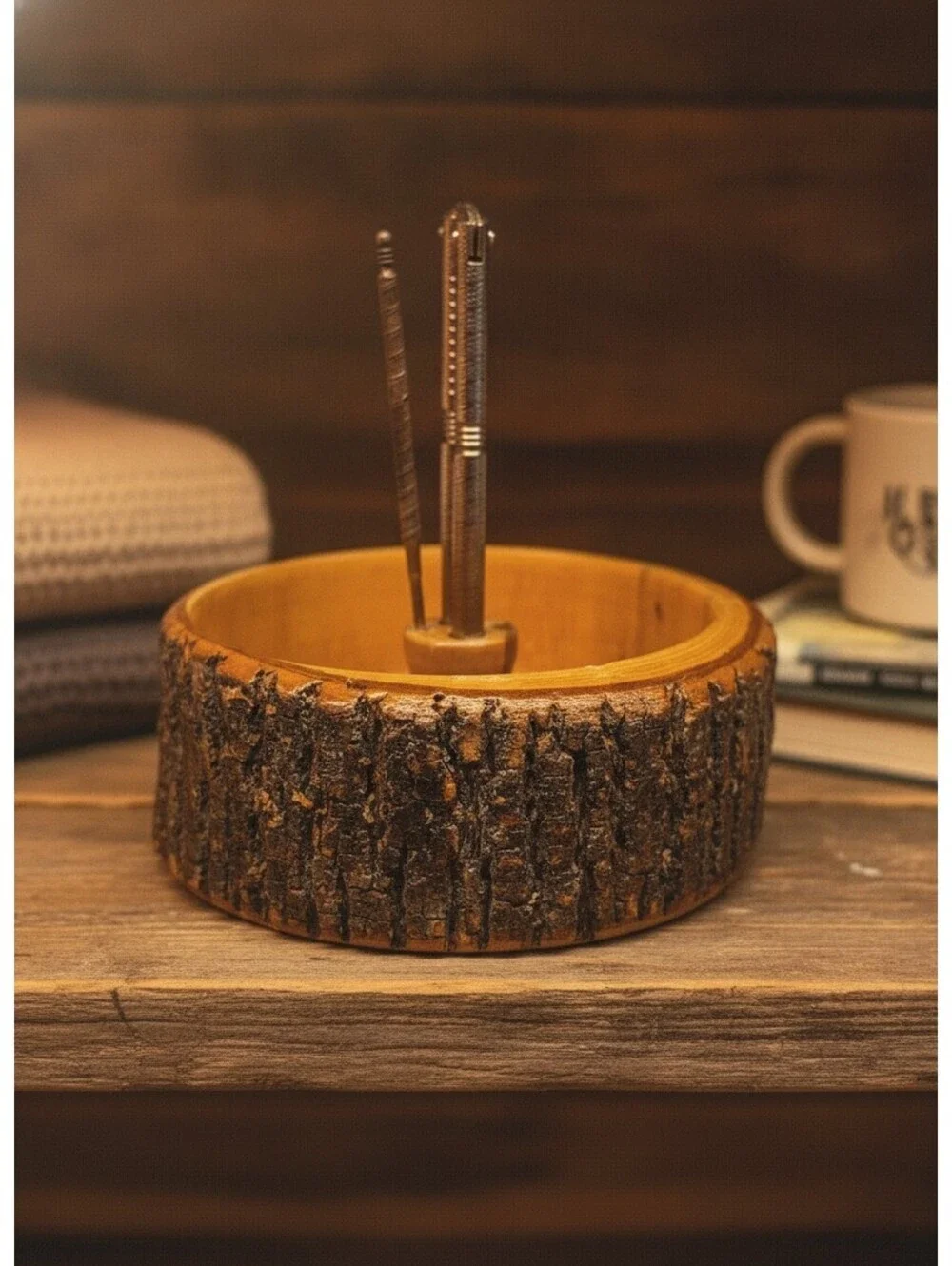 Vintage HMQ Live Edge Wood Log Nut Bowl Set with Metal Nutcracker & Pick Rustic
